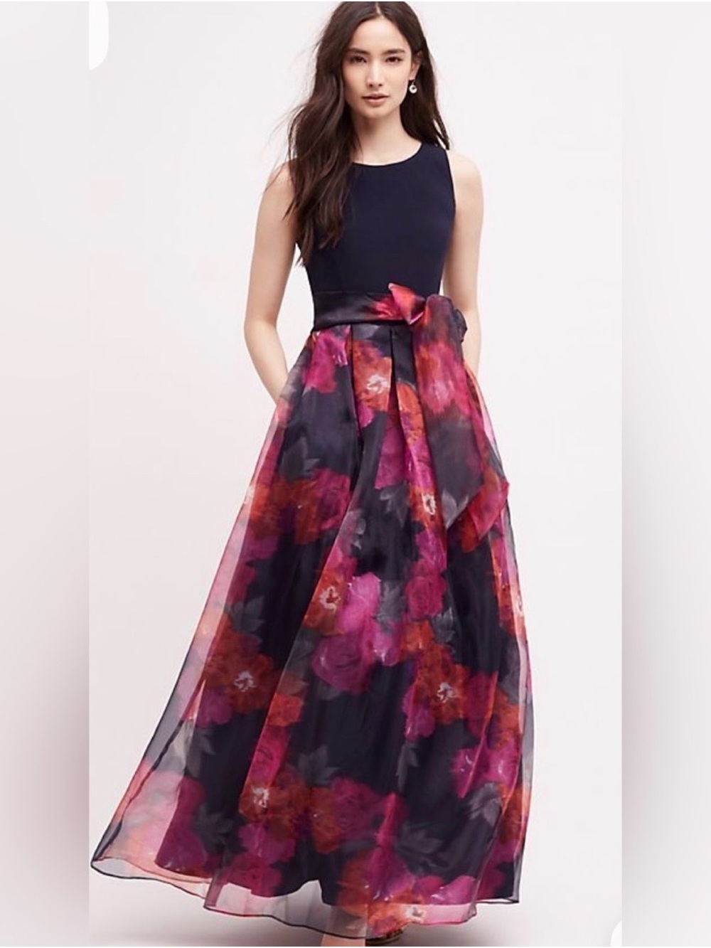 Moulinette Soeurs Floral A-Line Evening Gown - Navy & Pink